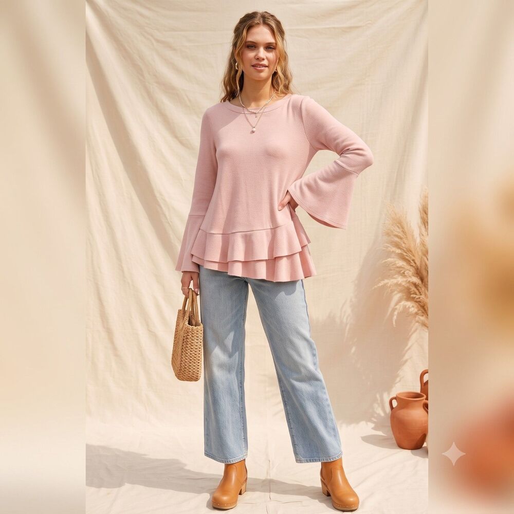 Alter'd State Bell Sleeve Blush Pink Tiered Top Sz M